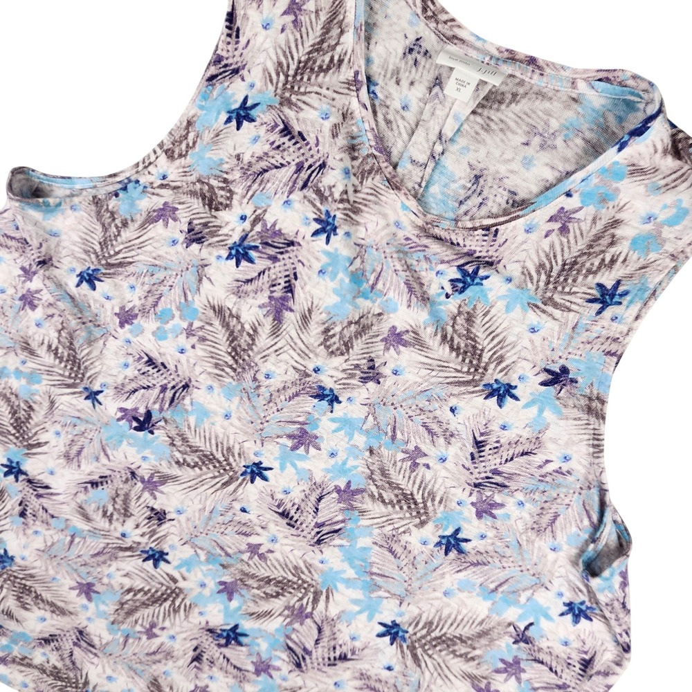 J.Jill Love Linen Tank Top Womens XL Blue Floral Tropical Palm Leaf Print Vacay
